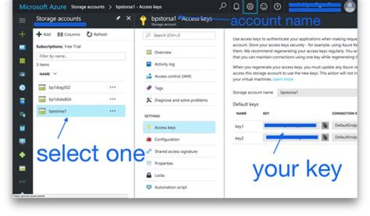 How do I find my Azure account name and key?